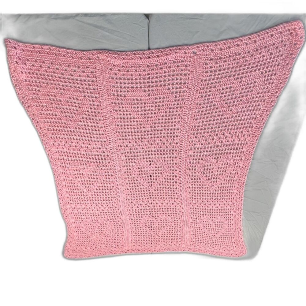 Handmade Crocheted Pink Baby Blanket with Heart panels - Super Soft!